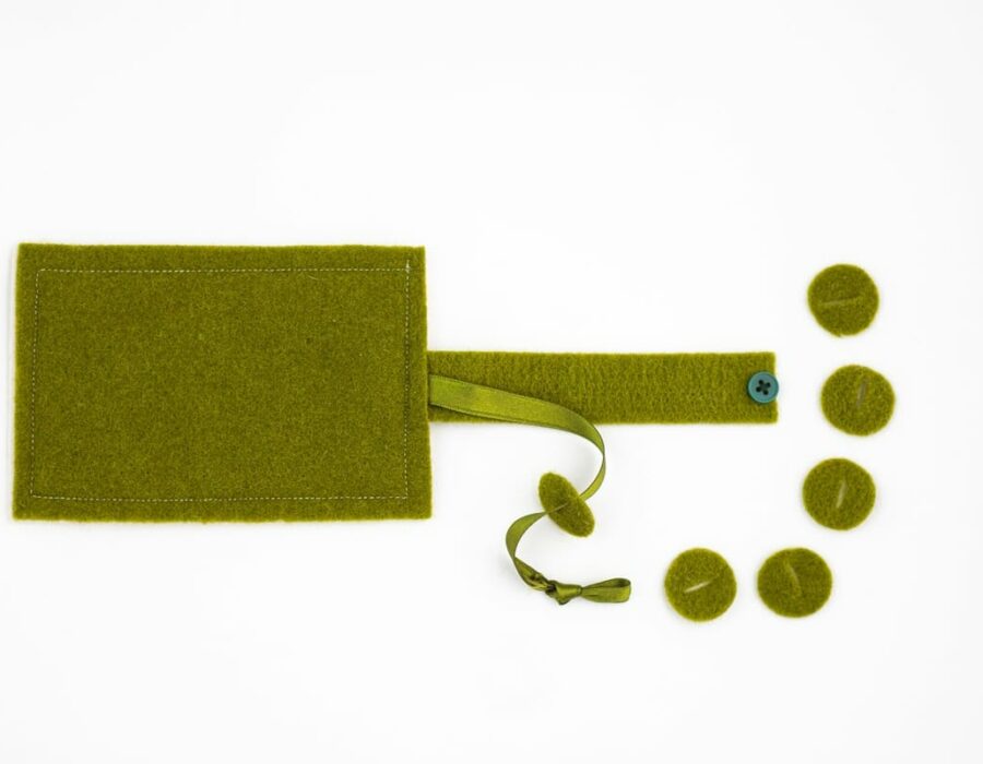 Tavoletta verde con piccoli cerchi in feltro verdi del gioco Acchiappa il colore